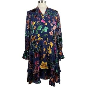 Alice + Olivia Dress L Womens Blue Floral Prisma Burnout Long Sleeves Mini Silk